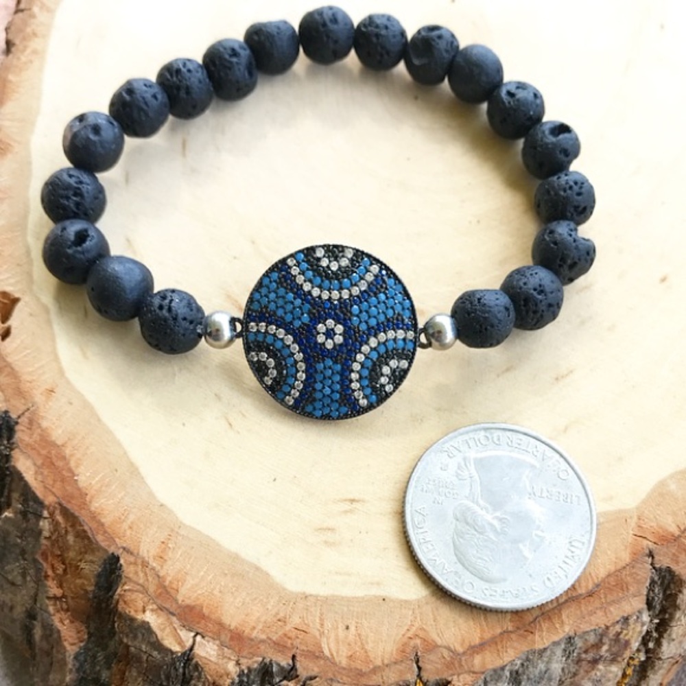 Gemstones bead bracelet .Black Lava rock oil diffuser beads cz eye charm - Picture 6 of 7